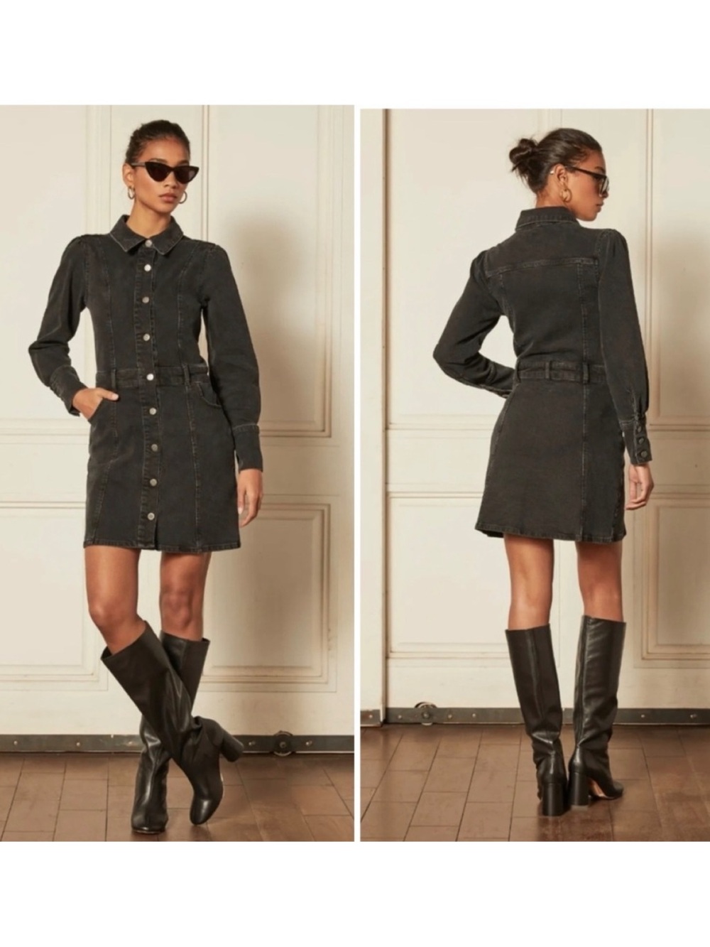 BOYISH Emmet Moonfleet Denim Button Down Mini Dress L Black